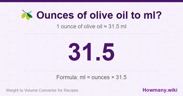 How to convert ounces of olive oil to ml? How to convert ounces of olive oil to ml? 1 ounce of olive oil ≈ 31.5 ml.