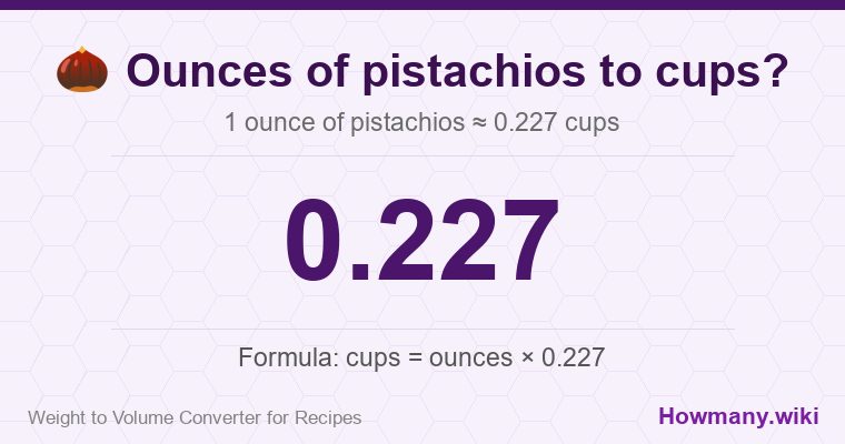 How to convert ounces of pistachios to cups? How to convert ounces of pistachios to cups? 1 ounce of pistachios ≈ 0.227 cups.
