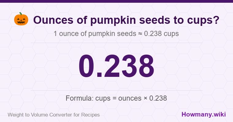 How to convert ounces of pumpkin seeds to cups? How to convert ounces of pumpkin seeds to cups? 1 ounce of pumpkin seeds โ 0.238 cups.