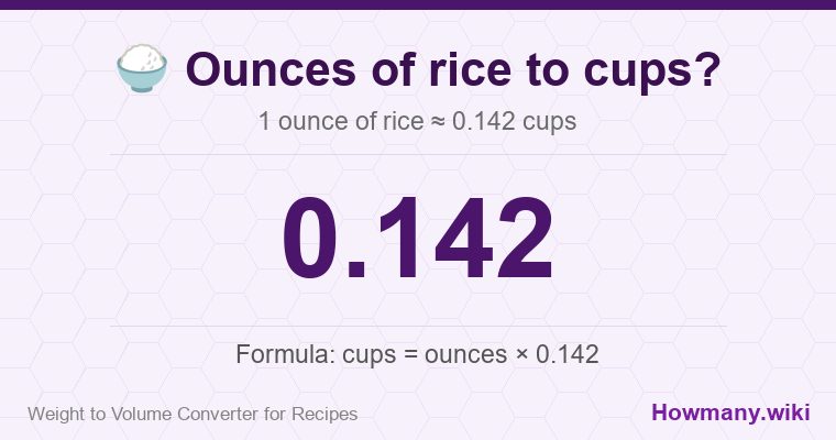 How to convert ounces of rice to cups? How to convert ounces of rice to cups? 1 ounce of rice โ 0.142 cups.