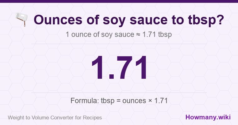 How to convert ounces of soy sauce to tbsp? 1 ounce of soy sauce ≈ 1.71 tbsp.