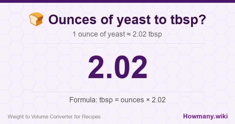 How to convert ounces of yeast to tbsp? 1 ounce of yeast ≈ 2.02 tbsp.