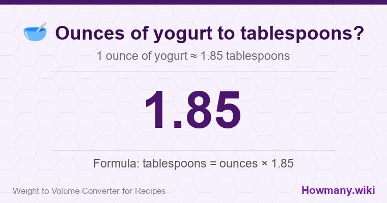 How to convert ounces of yogurt to tablespoons? 1 ounce of yogurt ≈ 1.85 tablespoons.