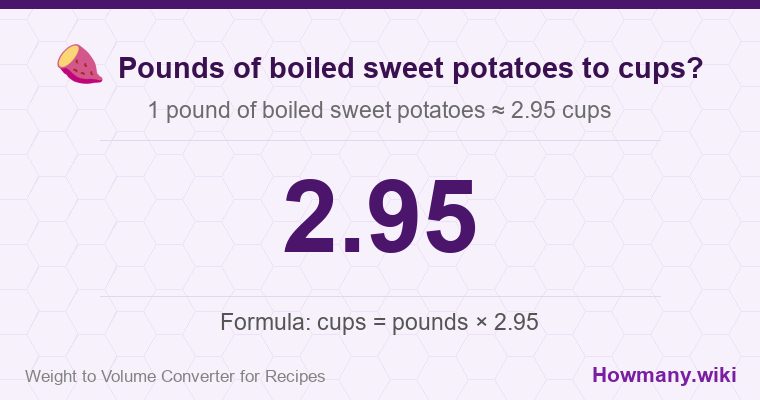 How to convert pounds of boiled sweet potatoes to cups? 1 pound of boiled sweet potatoes ≈ 2.95 cups.