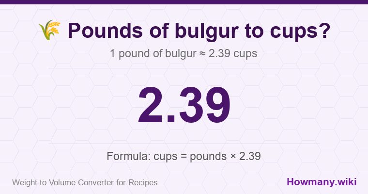 How to convert pounds of bulgur to cups? 1 pound of bulgur ≈ 2.39 cups.