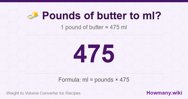 How to convert pounds of butter to ml? How to convert pounds of butter to ml? 1 pound of butter โ 475 ml.