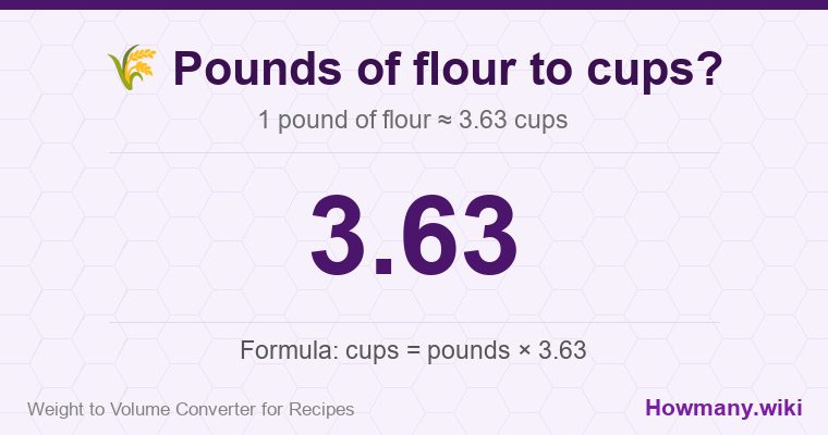 How to convert pounds of flour to cups? How to convert pounds of flour to cups? 1 pound of flour ≈ 3.63 cups.