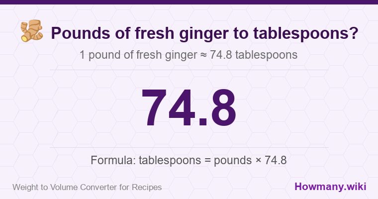 How to convert pounds of fresh ginger to tablespoons? How to convert pounds of fresh ginger to tablespoons? 1 pound of fresh ginger ≈ 74.8 tablespoons.