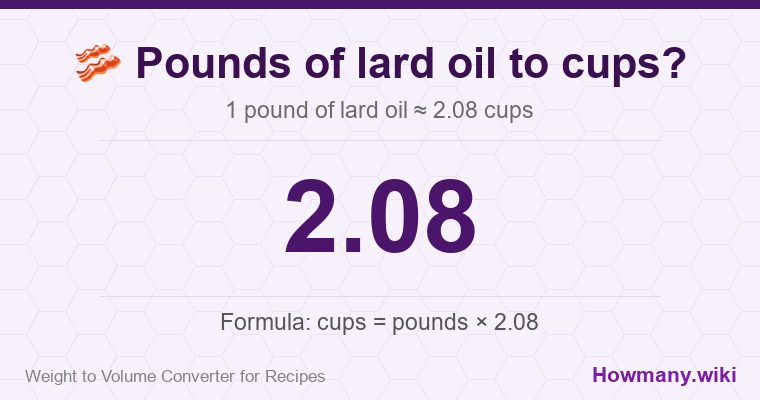 How to convert pounds of lard oil to cups? 1 pound of lard oil ≈ 2.08 cups.