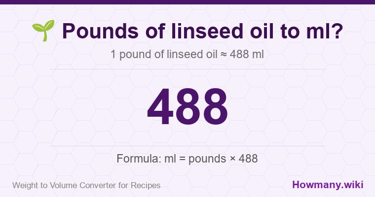 How to convert pounds of linseed oil to ml? How to convert pounds of linseed oil to ml? 1 pound of linseed oil ≈ 488 ml.