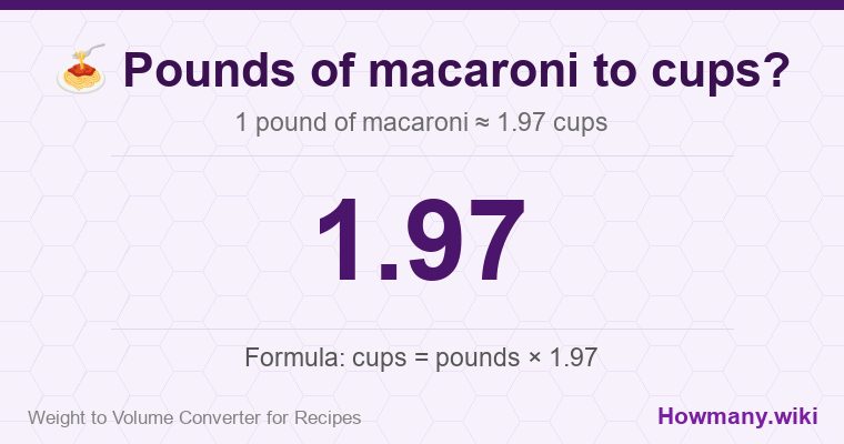 How to convert pounds of macaroni to cups? 1 pound of macaroni ≈ 1.97 cups.