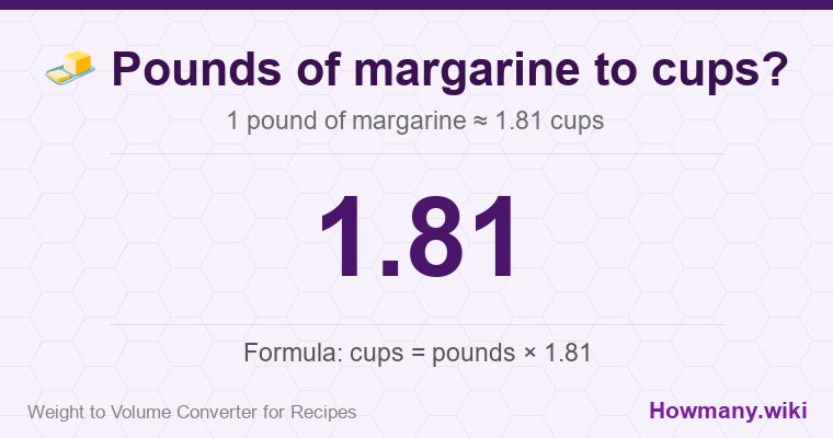 How to convert pounds of margarine to cups? 1 pound of margarine ≈ 1.81 cups.