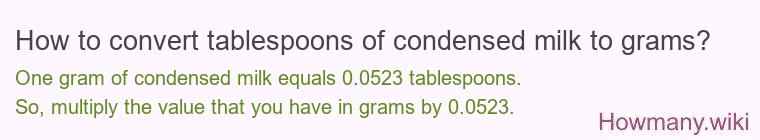 How to convert tablespoons of condensed milk to grams? How to convert tablespoons of condensed milk to grams?