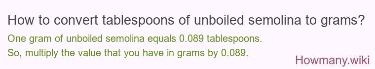 How to convert tablespoons of unboiled semolina to grams? How to convert tablespoons of unboiled semolina to grams?