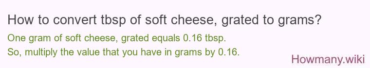 How to convert tbsp of soft cheese, grated to grams? How to convert tbsp of soft cheese, grated to grams?