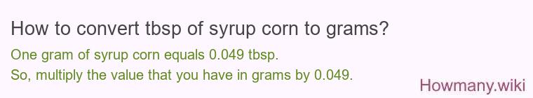 How to convert tbsp of syrup corn to grams? How to convert tbsp of syrup corn to grams?