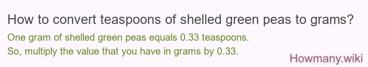 How to convert teaspoons of shelled green peas to grams? How to convert teaspoons of shelled green peas to grams?
